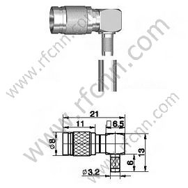 1.0/2.3 Connector Male Right Angle Crimp For RG179 Cable