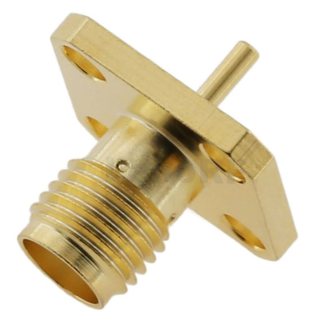 High Return Loss SMA Connector Female 4-Hole Flange Straight For PCB Brass Gold Plated