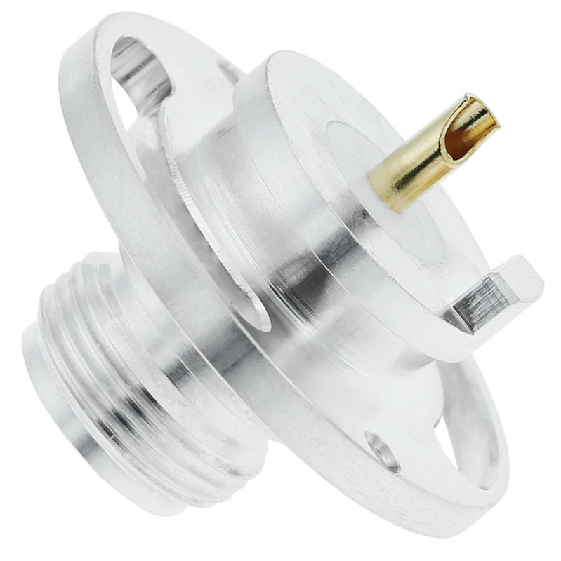 N-Type Female Round Flange Connector for PCB Applications, Nickel-Plated Brass