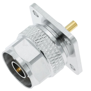 Rugged Type-N Male Connector 4-Hole Flange Mounted For PCB, Brass Tri-Metal Plated 