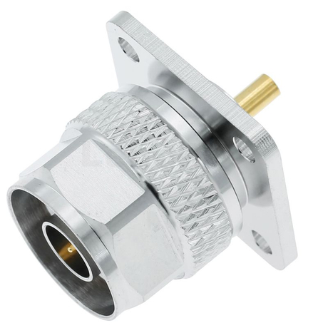 Rugged Type-N Male Connector 4-Hole Flange Mounted For PCB, Brass Tri-Metal Plated 
